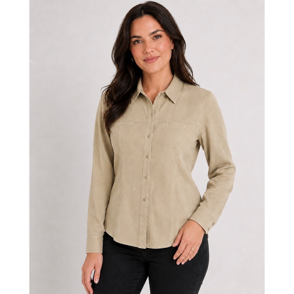Talbots Womens Tan Stretch Faux Suede Button Down Shirt Size Medium Long Sleeve